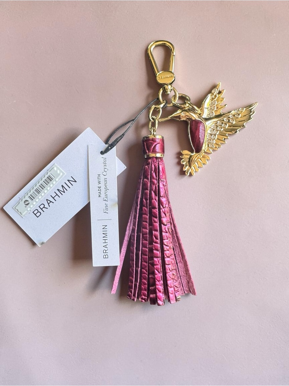 Brahmin Pink Tassel & Hummingbird Keychain NWT